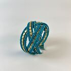 Boho Chic Blue Gold Seed Beads Flexible Memory Wire Wrap Cuff Bracelet