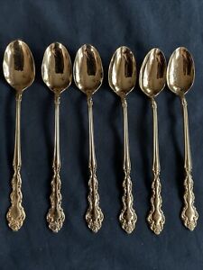 6 - Oneida Community "Beethoven" Gold Plated Flatware 7-3/8" Iced Tea Spoons