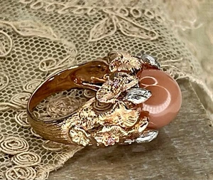 925 Sliver Floral Gold Tone Angel Skin Coral Cocktail Style Ring Size 5.25 - Picture 1 of 8