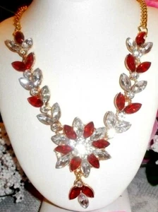 BETSEY JOHNSON ELEGANT RED CRYSTAL & RHINESTONE FLOWER LEAF CHAIN NECKLACE - Picture 1 of 5