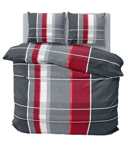 Winter Bettwäsche 200x220 cm kariert gestreift grau rot Flausch Warme Fleece - Bild 1 von 5