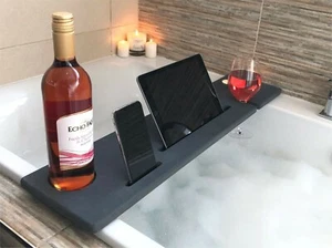 Vassoio da bagno grigio legno mensola caddy bar bagno vino vetro supporto tablet BBGR - Foto 1 di 3