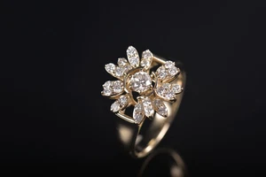 Solid 14K Yellow Gold Natural Diamond Flower Shape Jewelry Ring - Picture 1 of 6