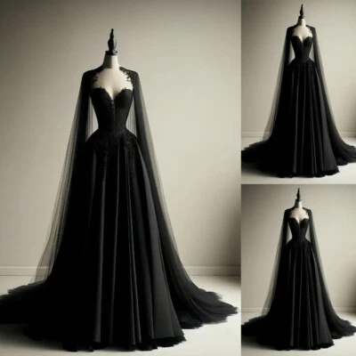 Gothic Black Wedding Dresses with Cape Lace Appliques Strapless Bridal Gowns - Image 1 of 4