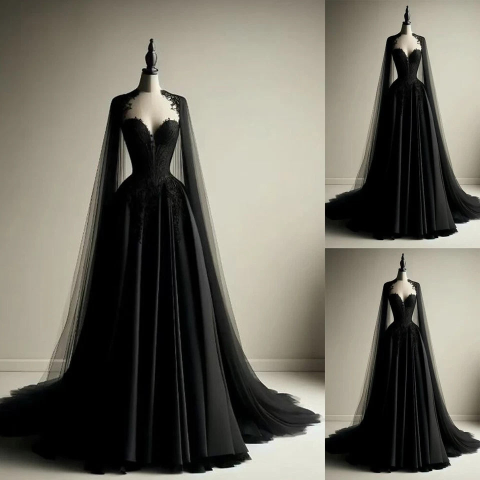 Gothic Black Wedding Dresses with Cape Lace Appliques Strapless Bridal Gowns - Image 1 of 4