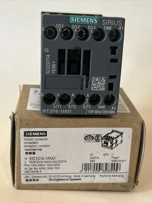 SIEMENS 3RT2016-1AK61 CONTACTOR 110V 50Hz 120V 60Hz, AC-3e: 9A, 400V 4kW 1NO - Image 1 of 4