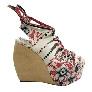 Loeffler Randall + SUNO LaceUp Floral Print Wooden Platform Wedge Sandal Size 8B - Picture 1 of 17