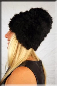 Neu schwarz Strick Kaninchenfell Beanie Mütze Efurs4less - Bild 1 von 4