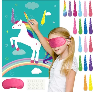 Pin the Horn on Unicorn-Game for Kids Birthday Party Game with 24 Horn Stickers - Picture 1 of 20