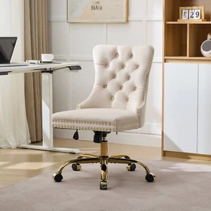 19.7-22.4" Height Home Office Chair Swivel Velvet Desk Chair Accent Char Beige - Picture 1 of 18