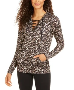 Ideology Sweatshirt Hoodie Lace Up Leopard Print Women Brown Sz S NEW NWT 914 - Picture 1 of 3