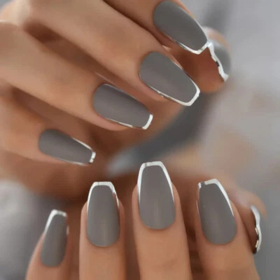 24 Medium Press on nails kit w glue matte gray coffin chrome silver tip - Image 1 of 4