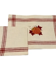 Kay Dee 2 Piece Embroidered Pumpkin & Country Red Stripe Place Mat & Napkin Set - Picture 1 of 4