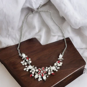 Red White and Silver Floral Bridal Necklace Rhinestone Delicate Lightweight - Picture 1 of 7