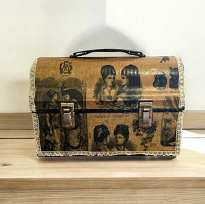 Seltene Vintage viktorianische Decoupage Kuppel Top Brotdose/Reiseetui Spitzenborte - Bild 1 von 18