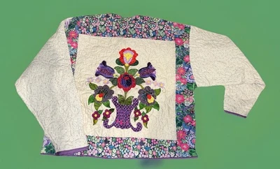 Amazing Handmade Vintage Quilted Boxy Barn Jacket Purple Pansies Signed Sz L /XL - Image 1 of 4