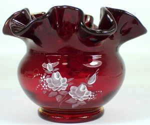 MINT Vtg Fenton Crimped Rose Bowl Hand Painted Ruby Red Art Glass Signed Mason - Picture 1 of 9