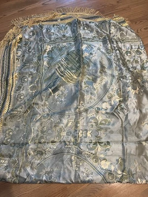 Iridescent Asian Silk (?) Jacquard Brocade Bedspread Fringe Blue Gold 90”x93” - Image 1 of 4