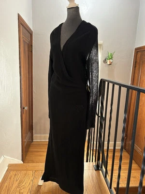 Lauren Ralph Lauren Linen Pointelle Knit Wrap Midi Dress Size Medium Black - Image 1 of 4