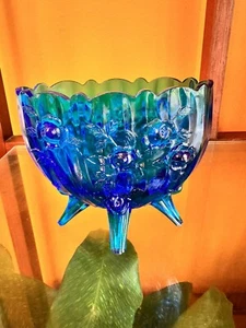 Vtg. Fenton Cabbage Rose 4 Footed Oval Vase Colonial Blue Dish - No Chips/Cracks - Picture 1 of 5