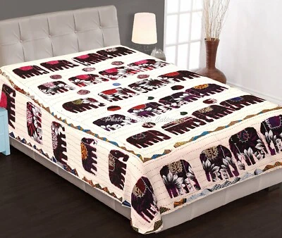 Beige Bed Runner Kantha Quilt Indian Ralli Gudari Handmade Twin Bedspreads Throw - Image 1 of 4