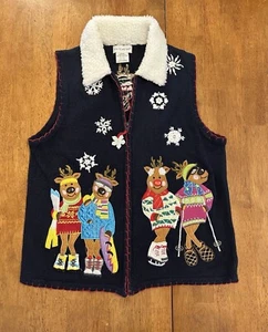 Weißer Hirsch Rentier Cartoon Reißverschluss Pullover Weste groß Weihnachten marineblau Winter - Bild 1 von 8