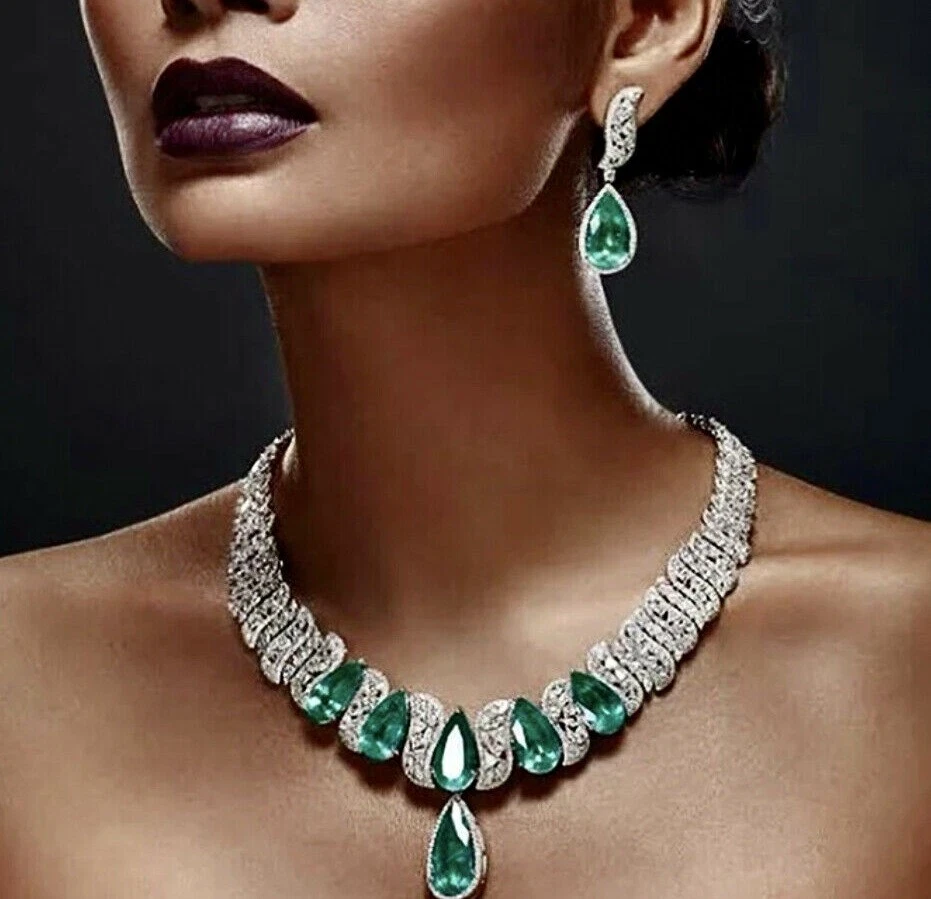 Lab-Created Green Emerald Stone Necklace Earrings Set 18K White Gold Plated Over - Image 1 of 4