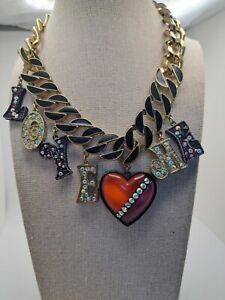 Betsey Johnson Chunky Chain Collar Choker LOVE ME Heart Charms Necklace