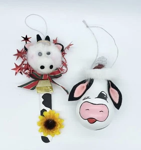 2 Vintage Hand Painted Homemade Cow Christmas Ornaments Light Bulb - Picture 1 of 10