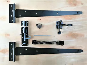 Gate Fixing Kit Latch 18" 450mm T Hinges (2) Spring Closer Bolt Set Black - Picture 1 of 3