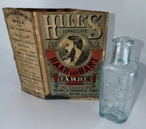 Antique Hill’s Hair Dye Bottle No. 1 Aqua Hand Blown With Hill’s Box 1880’s READ - Picture 1 of 21