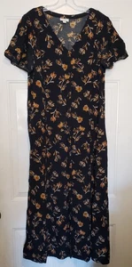 Damen J. JILL schwarz Blumen Cap Slv Maxi Knopfleiste Kleid Taschen, Größe M - Bild 1 von 1