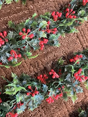 Vtg Mid Century 7 ft Christmas Artificial Plastic Holly & Berries Garland - Image 1 of 2