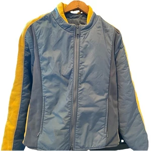 Vintage 70s Slalom Striped Ski Jacket Women Medium Color Block Blue Yellow Coat - Picture 1 of 13