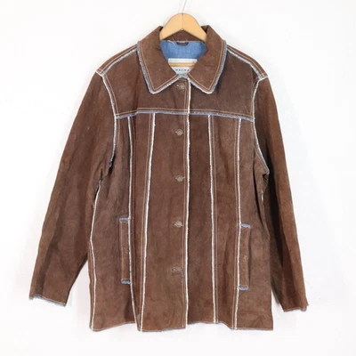 VTG Wilsons MAXIMA Jacket Coat Women 2X Brown Suede Raw Edge Trim Denim LIned - Image 1 of 4