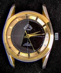 Rocar Black & Gold Dial Men's Hand-Wind Vintage Swiss Watch -- Spares/Repairs - Picture 1 of 3