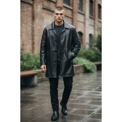 Claiborne Mens Black Lambskin Genuine Leather Quilted Lined Trench Coat XL - Image 1 of 4