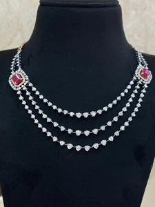 Stunning 6.89 TCW Round Brilliant Cut Diamonds Ruby 3-Strand Necklace 14K Gold - Picture 1 of 12