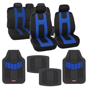 Blue/Black Two Tone Auto Seat Cover Set with Heavy Duty Rubber Car Floor Mats