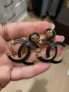 chanel earrings Leather Clip On. Large Black With Gold - Picture 1 of 9
