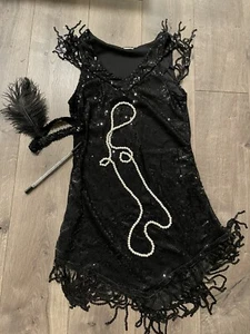 Black Flapper 1920 Gatsby Style Dress Costume +Headband +Bling Cigar +Necklace - Picture 1 of 7