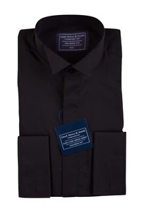 Schwarzes Flügelkleid Shirt maßgeschneiderte Passform doppelte Manschette langärmelig Arbeit formelle Hochzeit - Bild 1 von 8