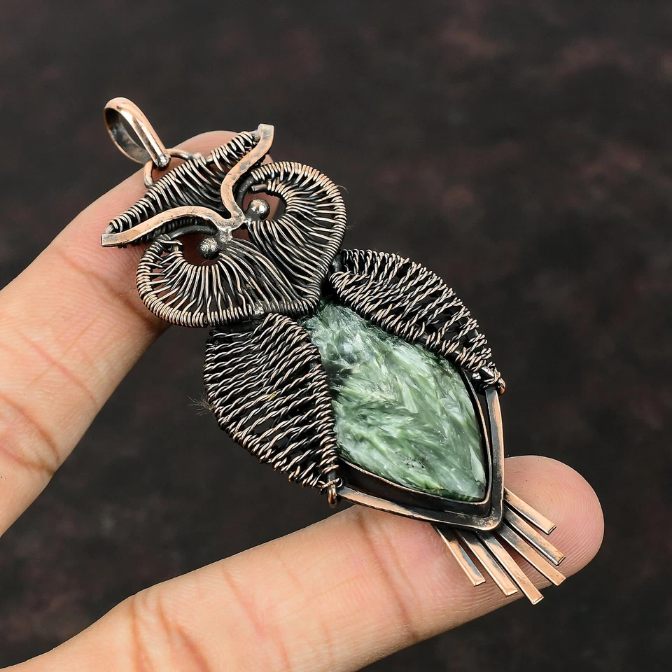 Colgante de búho envuelto en alambre regalo cobre piedras preciosas de serafinita 3,46" Foto 1 de 4