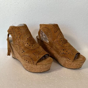 Marc Fisher Stacie Wedged Tassel Tied Sandals Women's 9.5 Brown Cutout Open Toe - Picture 1 of 10