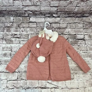 Max Studio Girls Pink Knitted Cape Button Up Fur Trim Sweater Beanie Set XS 4T - Picture 1 of 7