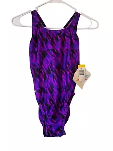 Vintage Speedo Women's Abstract Purple Open Back High Cut Swimsuit 32 Small USA - Picture 1 of 11