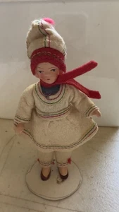 Antique German Girl Doll Bisque Body Felt Dress Red Silk Scarf 4 1/2 inch tall - Picture 1 of 13