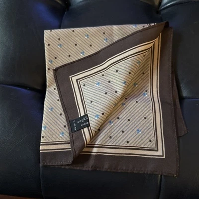 Vintage Pocket Square Handkerchief - Brown Tan Blue  Dots and stripes  - Image 1 of 2
