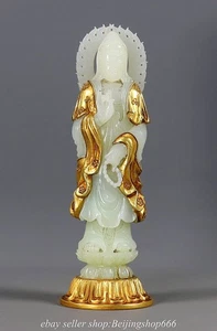 6.8" Old Chinese Natural Hetian Jade 24K Gold Gilt Kwan-yin Guan Yin Statue - Picture 1 of 9