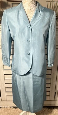 Women's Travis Ayers Petite 100% Silk Two Piece Suit Skirt Jacket 12P Sky Blue - Image 1 of 4